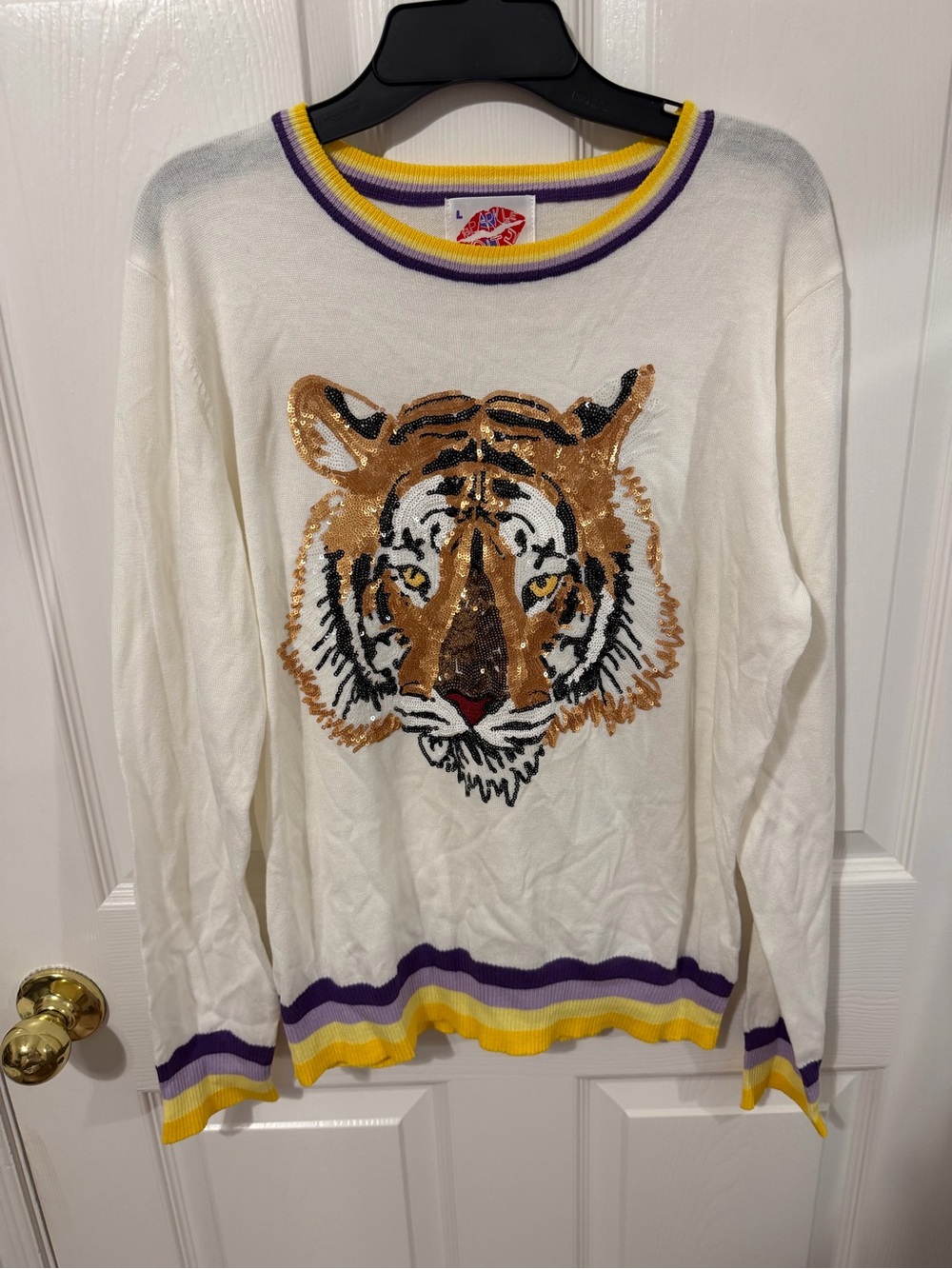 Sequin Tiger Crewneck Sweater - White with Gold & Purple Trim